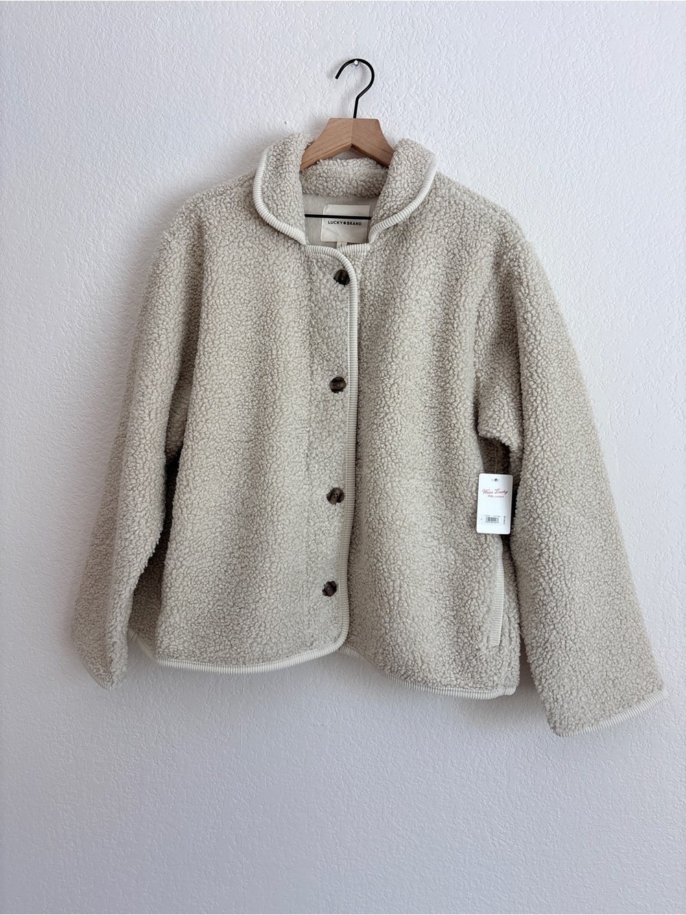 Lucky Brand Taupe Sherpa Button-Up Jacket